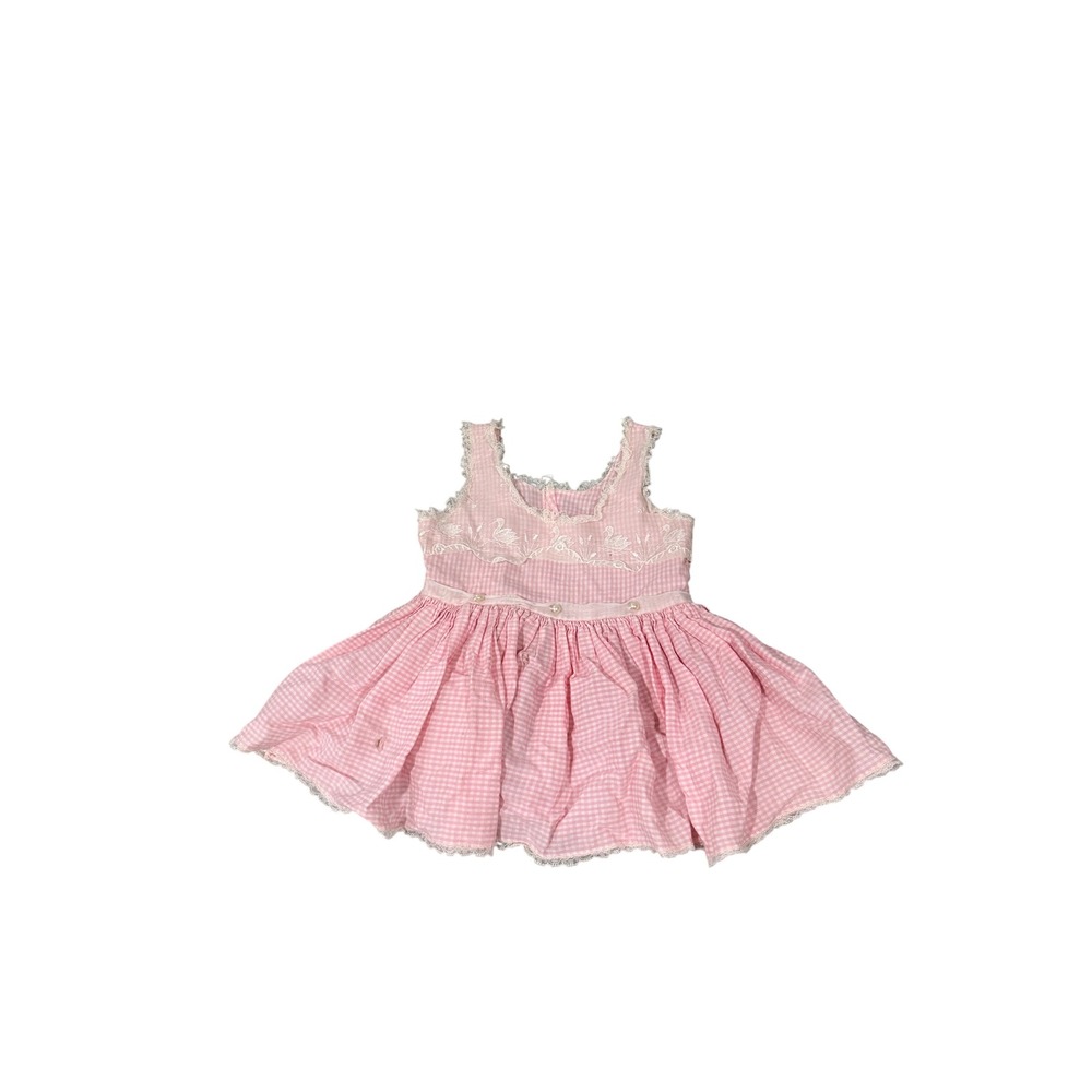 Vintage Handmade Pink Gingham Swan Embroidered Lace Trim Baby Dress 18-24M